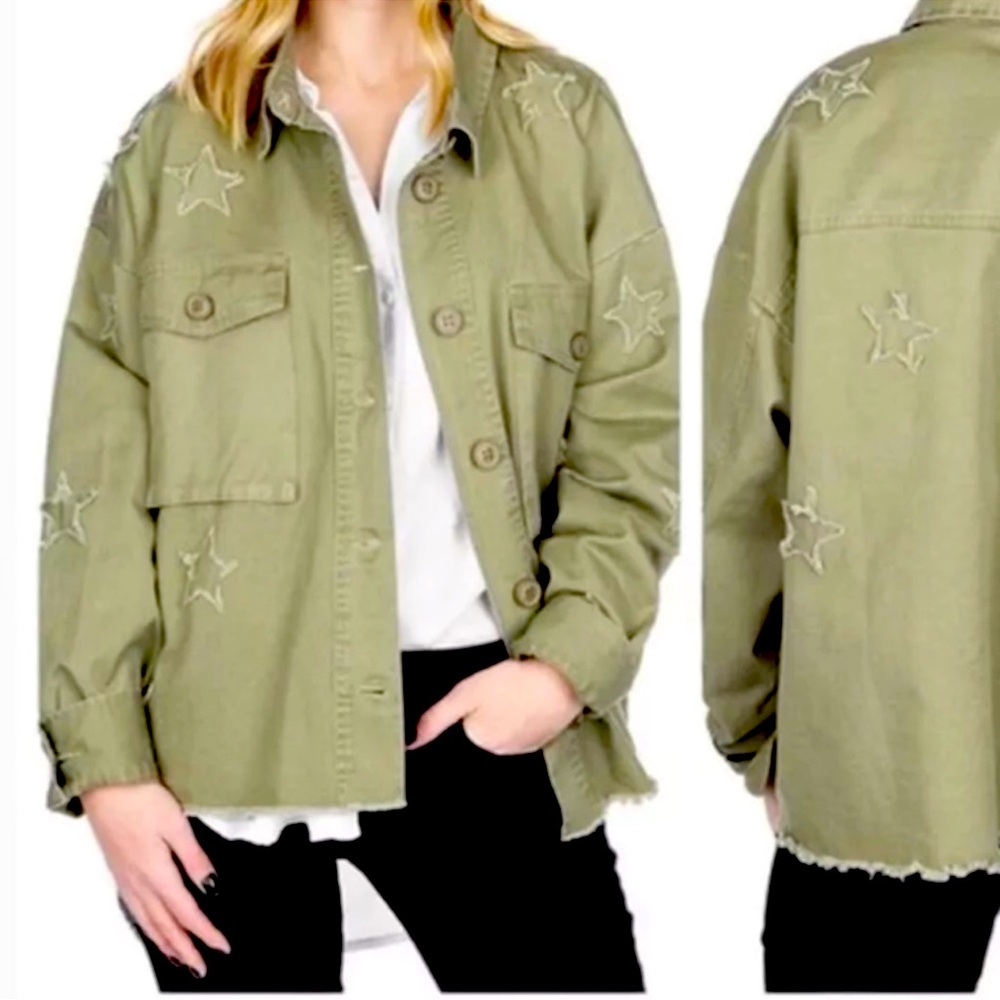 Star Jacket By together Army Green distressed Star Patches with fringe hem